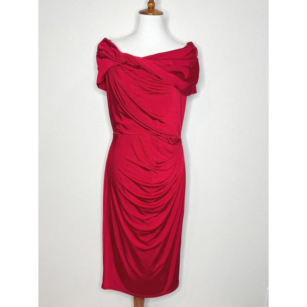 TADASHI COLLECTION Cocktail Midi Dress LG Red Asymmetric Draped Neck Party